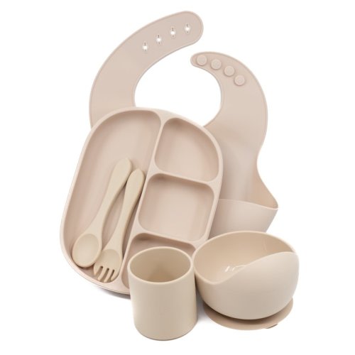 Muqee Peeko Warm Vanilla Baby Feeding Set - Toddler Self-Eating Plate Set with Utensils - Suction Divided Plate, Food Bowl with Spoon, Fork - Silicone Bib, Training Cup - Dishwasher-Safe (6 Piece Set) - Muqee Peeko Warm Vanilla Baby Feeding Set - Toddler