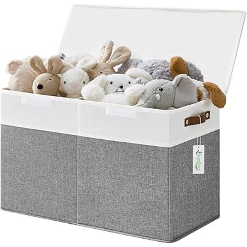 Large Toy Storage Box with Lids, Collapsible Sturdy Baby Storage Organizer Chest Bin Basket for Kids, Boys, Girls, Playroom, Nursery, Bedroom, Closet 25"x13"x16" (Gray and White)