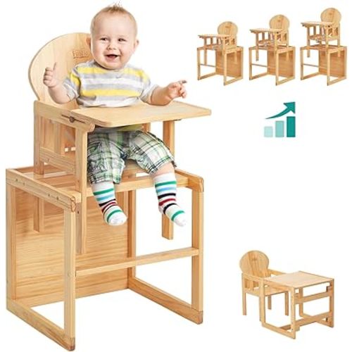 FUNLIO Wooden High Chair, 2-in-1 Convertible HighChair for Toddlers 0.5-6 Years, Height Adjustable Montessori High Chair, Premium Solid Wood with Detachable Tray/Cushion/Safety Belt, CPC Approved
