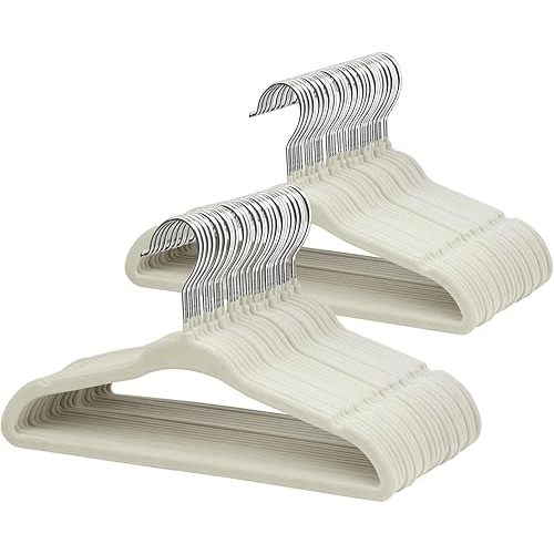 ManGotree 10.95" Baby Velvet Hangers, Non-Slip Infant Coat Hangers, Ultra-Thin Toddler Felt Hanger with 360° Swivel Hook, Space Saving Children's Hanger for Kids Clothes, 48 Pack (Beige)