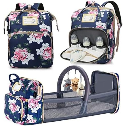Diaper Bag Backpack with Changing Station, Foldable for Bady Toddler, 3 in 1 Large Capacity Newborn Essentials Organizer with Stroller Hook for Girls and Boys（Blue）