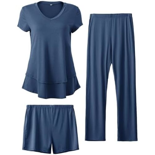 SUNNYBUY 3 PCS Maternity Breastfeeding Pajamas Set, Hidden Nursing Tops, Adjustable Pregnancy Shorts & Pants Postpartum PJS