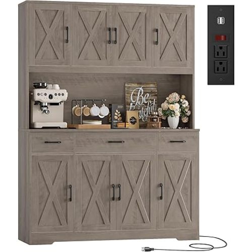 HOSTACK 71" Tall Kitchen Pantry Storage Cabinet with Charging Station, 55" Wide Kitchen Hutch Cabinet with Large Countertop, Farmhouse Food Pantry with Drawers for Living Room, Ash Grey