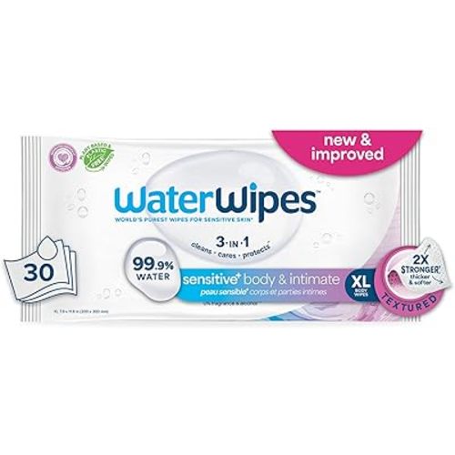 WaterWipes Sensitive+ Body & Intimate Wipes, 3-In-1 Cleans, Cares, Protects, 99.9% Water, Unscented & Hypoallergenic Hygiene Wet Wipes, Adult Care, 30 Wipes (1 Packs)