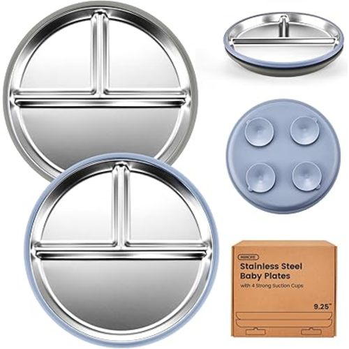 MIMORE Stainless Steel Toddler Plate - 2 Pack 9.25" Stainless Steel Baby Plates with Suction - Non Toxic & BPA Free (Navy Blue & Olive Green)