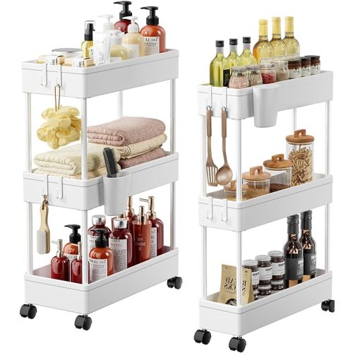 Pipishell Bathroom Cart, 2 Pack Slim Storage Cart Organizer with Hanging Cups & Hooks, Rolling for Bathroom, Laundry Room, Kitchen, Set of 2, PIUC07WK2