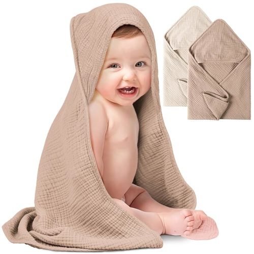 Konssy 2-Pack Muslin Hooded Baby Towels, 100% Cotton, Ultra-Soft & Absorbent Baby Bath Towels with Hood for Newborn & Infant (Cream, Camel,32" x 32")