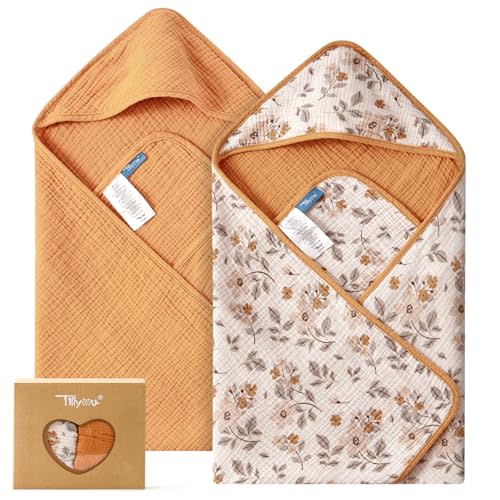 TILLYOU Muslin Hooded Baby Towels for Newborn 2 Pack, 32x32Inch Soft Baby Bath Towel Highly Absorbent for Newborn and Infant, Essential for Newborn Care, Yellow Flower