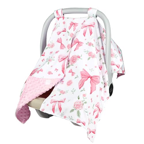 Baby Car Seat Cover, Peekaboo Opening Car Seat Canopy for Baby Girls Boys, Mom Nursing Breastfeeding Covers, Blanket for Infant, Pink Rose