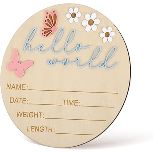 Hello World Newborn Sign, Wooden Baby Announcement Board Newborn Welcome Name Board for Baby Boys Girls Birth Photo Props Hospital Nursery Home (Flower, Butterfly)