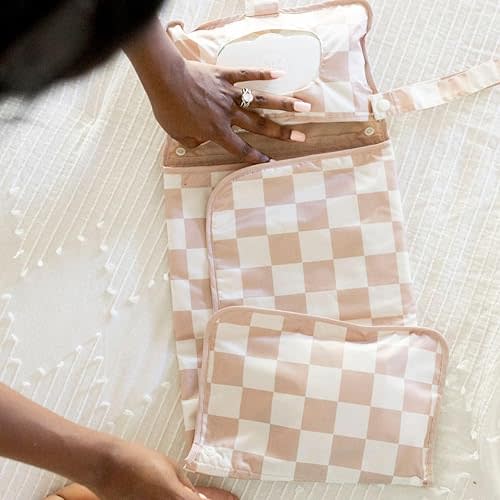 Tiny Twinkle Portable Diaper Changing Pad-Foldable Waterproof Changing Mat&Portable Changing Pad for Travel,Baby Changing Station with Smart Wipes Pocket&Storage (Beige Checkers)