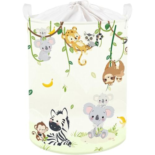 Clastyle 45L Vine Woodland Animal Laundry Hamper for Boy Girl Elephant Giraffe Lion White Round Toy Clothes Storage Basket for Nursery Room, 14.2x17.7 in