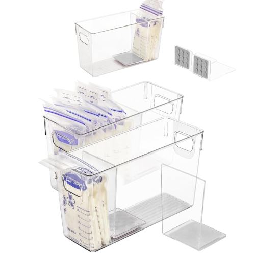Breastmilk Storage Container with L Shaped Separator Boards, Dividers Will Flatten Standing Breast Milk Bags in Organizer Bins Save Refrigerator Space | 2 Containers Plus-Gray