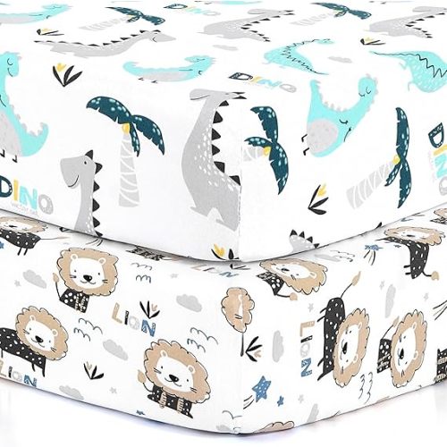 Pack n Play Sheets, BROLEX 2 Pack Mini Crib Sheets,Stretchy Portable Fitted Playard Sheet Set, Convertible Playard Mattress Cover,Ultra Soft Breathable Material,Dinosaur Lion