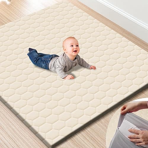 Premium Foam Baby Play Mat with Removable Cover, 50x50 Extra Thick Padding Playpen Mat, Non-Slip Floor Mat, Stylish & Easy to Clean for Crawling Baby, Infants & Toddlers, Beige