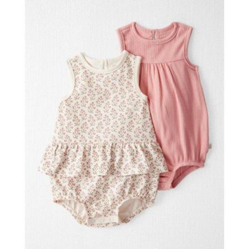 Little Planet By Carter's Organic Baby Girls' 2pk Sunsuit - 6m: Floral Pattern, Sleeveless Rompers, Keyhole Back, Crotch Snap