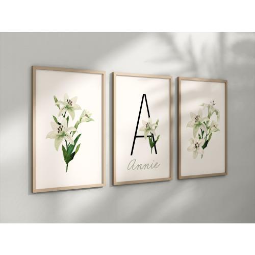 Personalized Set of White Lily Flower Art Prints, Wall Art, Bloom Bouquet, Nursery Decor, Play Room, Baby Room Ideas