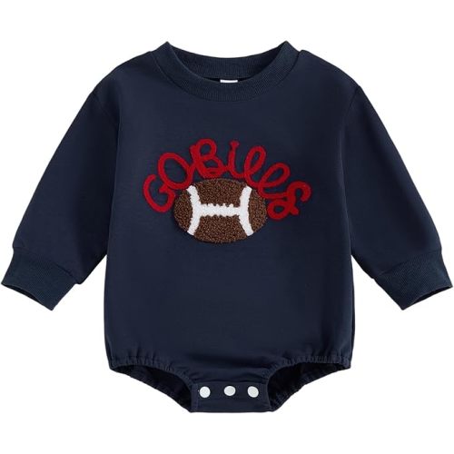 Newborn Baby Boy Girl Football Bubble Romper Rugby Go Bills Embroidered Crewneck Long Sleeve Sweatshirt Fall Clothes