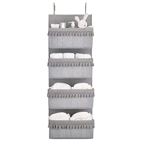 Dahey Over The Door Organizer Boho Nursery Storage Decor Closet Hanging Organizer with Tassels Decoration for Bedroom Nursery Bathroom Apartments Dorm Pantry, 4 Pockets, Grey