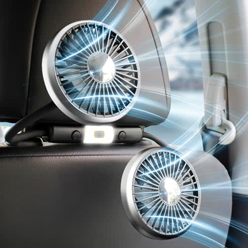 xuenair 360 Hose Cooling Fan for Car Backseat Kids Baby Rear Facing, Portable USB Car Fan for Vehicle SUV RV Pickup Truck Headrest - Powerful 3-Speed LED Light