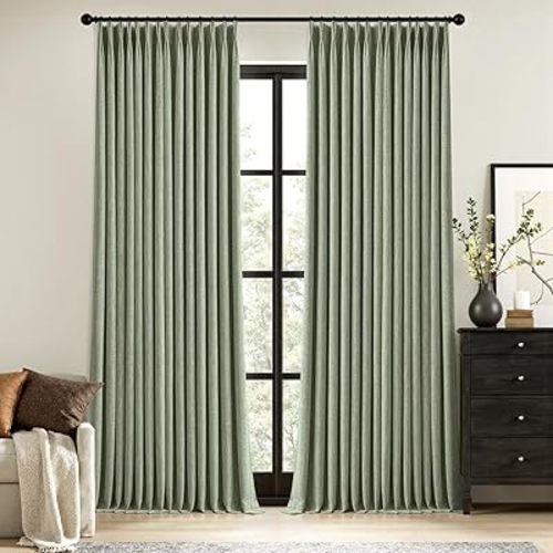 MIULEE Sage Green Pinch Pleated 100% Blackout Linen Curtains for Bedroom, Room Darkening Memory Trained Light Blocking Window Curtains 84 inches Long for Living Room, Black Out Pleat Drapes, 2 Panels