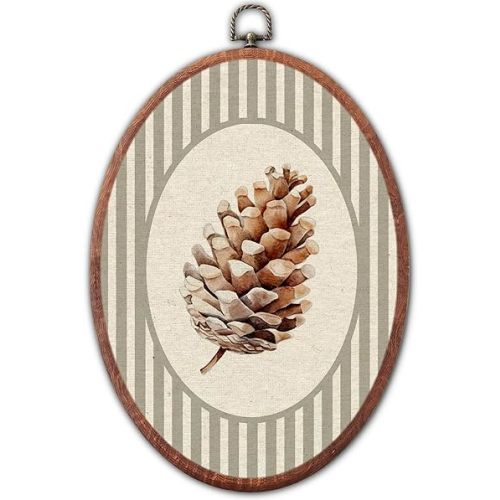 Lulavo Vintage Pinecone Nursery Oval Wall Art, Grey Striped Canvas Prints Framed, Retro Woodland Pinecone Decor for Neutral Baby Toddler Room Playroom Bedroom Hanging Decoration, 8.6 x 11.4 Inch