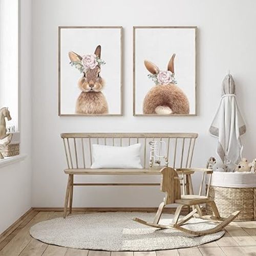 Joocrise Bunny Rabbit Wall Art Baby Girl Nursery Wall Art UNFRAMED, Nursery Canvas Prints Bunny Pictures for Nursery Room Decor Nursery Artwork Baby Woodland Animal Pictures 16x24 Inch, Set of 2