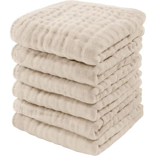 Comfy Cubs Muslin Baby Washcloths 6 Pack - Soft 6-Layer Cotton Wash Cloths for Sensitive Skin - 10"x10" Large, Gentle, Absorbent Infant Essentials for Newborn and Toddlers - (Sand)