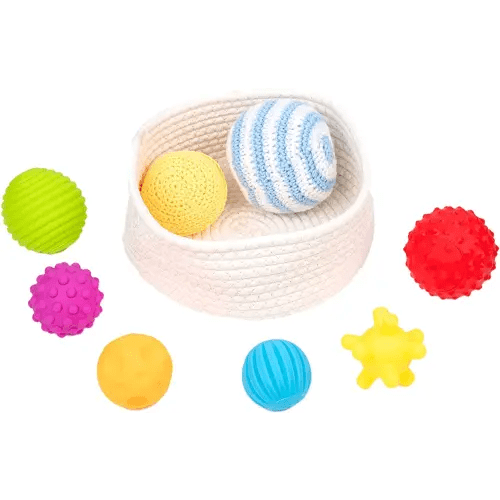 Adena Montessori 8 Pack Sensory Balls for Toddlers 1-3,Sensory Baby Toys 6-12 Months,Infant Educational Squeeze Sensory Toy Soft Multi Ball Set Gifts with Bright Color Textured with White Woven Basket