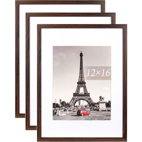 kennethan 12x16 Picture Frame Rustic Brown 3 Pcs in 1 set 12x16 Frame can Display 8.5x11 inch Picture with Mat or 12x16 inch Picture Without Mat on the Wall