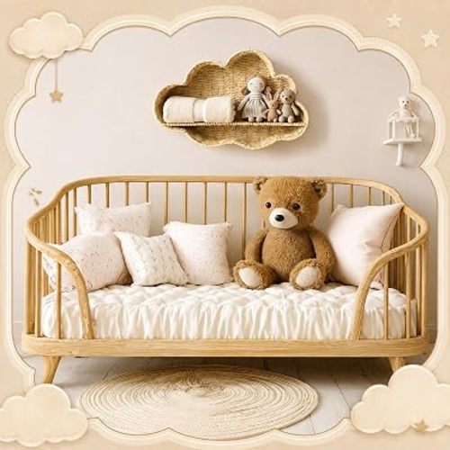 Domensi Cloud Nursery Wall Shelf Decor Boho Rattan Wicker Floating Shelves Handwoven Natural Rattan Hanging Organizer Storage Basket for Small Books Toys Nursery Bathroom Living Room Bedroom Corner