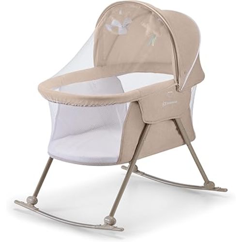Kinderkraft LOVI Travel Bassinet for Baby, Portable Folding Baby Bed with Built-in Mosquito net, Adjustable Hood and an Additional Cradle Function, Beige