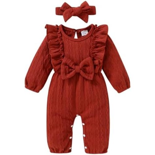 Happy Town Baby Girl Romper Infant Fall Winter Clothes Ruffle Sweater Long Sleeve Bodysuit Jumpsuit and Headband