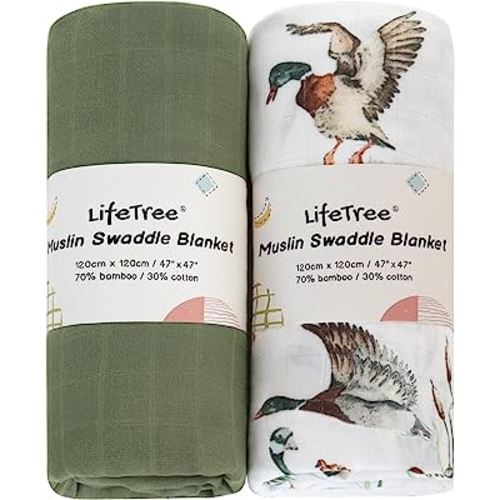 LifeTree Muslin Swaddle Blankets Neutral, Baby Swaddling Wrap Nursery Receiving Blanket for Boys & Girls, 70% Viscose from Bamboo and 30% Cotton, Large 47 x 47 inches Mallard Duck/Olive Green