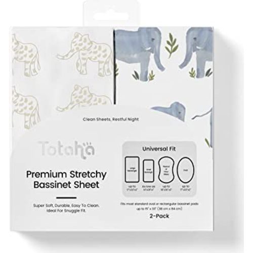TotAha Premium Stretchy Bassinet Cradle Sheets (2-Pack) -Hypoallergenic, Silky Comfort, Buttery Soft, Calming Effect, All-Season Jersey-Knit Sheets,32 X 16 X 3''(Belgian & Blue Painted Elephant)