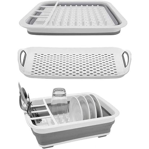 Ahyuan Collapsible Dish Drying Rack Portable Dinnerware Drainer Organizer for Kitchen RV Campers Travel Trailers Space Saving Kitchen Storage Rack Tray (with Drainboard)