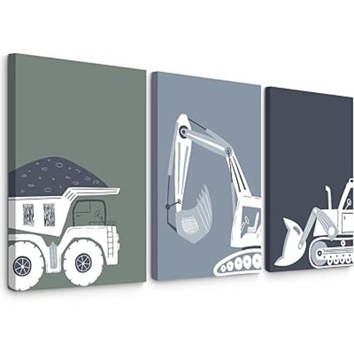Truck Boy Wall Art Baby Nursery Canvas Prints Construction Toddler Room Wall Art Car Posters Construction Truck Wall Art Baby Nursery Wall Decor for Kids Boy Bedroom 16x24 Inch Framed Set of 3