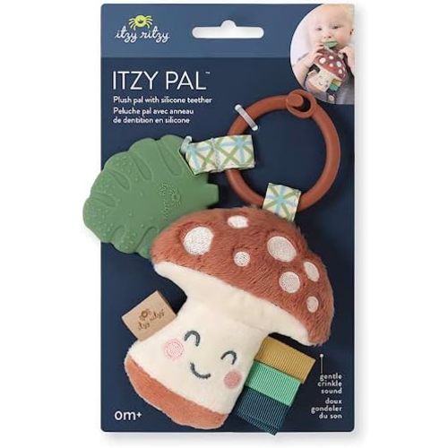 Itzy Ritzy Infant Toy & Teether - Itzy Pal Baby Teething Toy Includes Lovey, Crinkle Sound, Textured Ribbons & Silicone Teether Toy for Newborn (Mushroom)