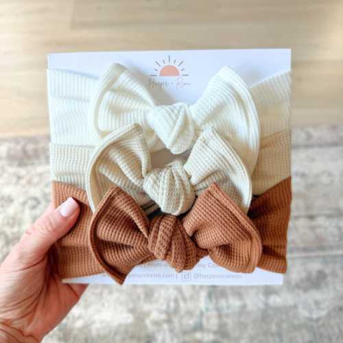 Neutral Waffle Baby Headbands – Top Knot or Oversized Bows for Newborn & Baby Girls (White, Beige, Brown)