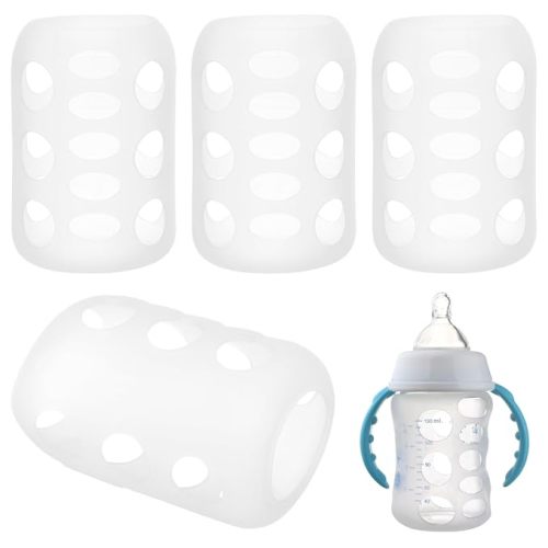 Abaodam 4Pcs Silicone Baby Bottle Sleeves, Protection Cap Milk Anti-Slip Glass Feeding Bottle Protector Covers with Scale Visibility, Shockproof Nursery Cup Sleeve for Infants 3.35X2.24 inch