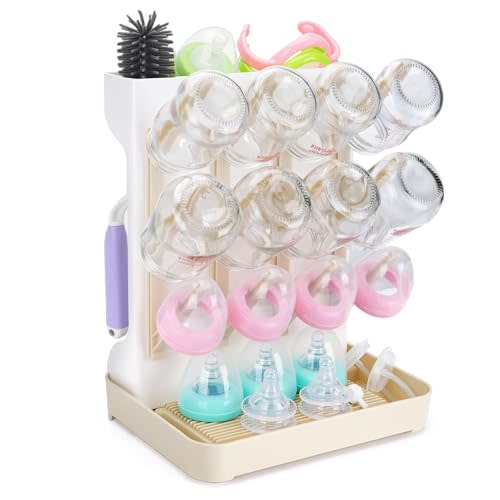 Baby Bottle Drying Rack: Space Saving Vertical Bottle Drying Holder with Brushes Holder - Large Bottle Storage Holder Organizer 12 Bottles & Baby Accessories,BPA-Free, Beige