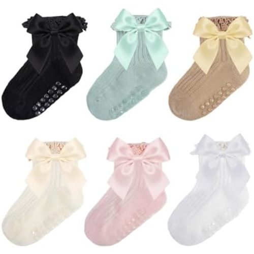 Baby Socks Baby Girl Non Slip Grip Ruffle Socks with Bows Soft Cotton Toddler Girl Sock with Grips Newborn Infant