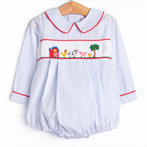 Back at the Farm Smocked Boy Bubble, Blue – Stitchy Fish