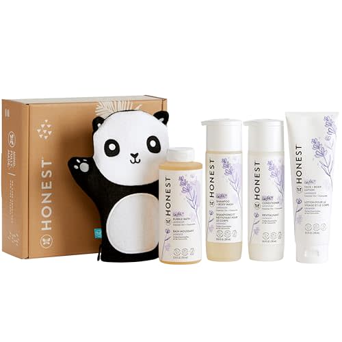 The Honest Company Lavender Bathtime Essentials Bundle | Shampoo + Body Wash, Conditioner, Face + Body Lotion, Bubble Bath, Panda Bath Mitt | Naturally Derived, Tear-Free, Hypoallergenic