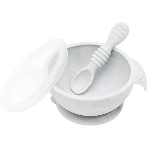 Bumkins Baby Bowl, Silicone Baby Feeding Set with Suction for Baby and Toddler, Includes Spoon and Lid, First Feeding Set, Essential for Baby Led Weaning for Babies 4 Months, Marble