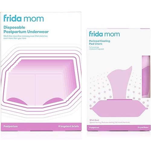 Frida Mom Perineal Medicated Witch Hazel Full-Length Cooling Pad Liners + Disposable Underwear (Regular Boyshort) for Postpartum Care
