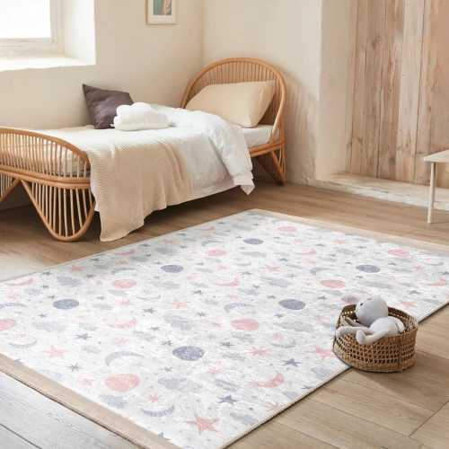 Celestial Stars Moon Nursery Rug-Space Clouds Constellation Pattern-White Pink Rug-Kids Room Carpet-Astral Dreams Throw Rug-Child Play Mat
