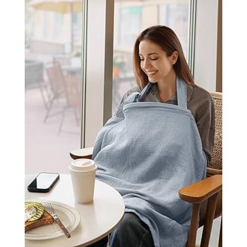 Blissful Diary Muslin Nursing Cover for Breastfeeding, Breathable Breastfeeding Cover up with Arch Neckline for Women, Nursing Apron(Light Blue)
