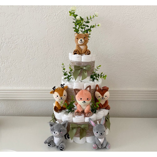 Woodland Animals Diaper Cake, 3 Tier Forest Themed Diaper Cake, Woodland table decor, Baby Shower cake Baby Shower gift, Gender Neutral gift