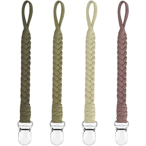 4 Pcs Pacifier Clip, Pacifier Clips for Boys & Baby Girls Pacifier Holder Clip Binky Clips Braided 100% Handmade Fits All Pacifiers(Green, 4 Pack)